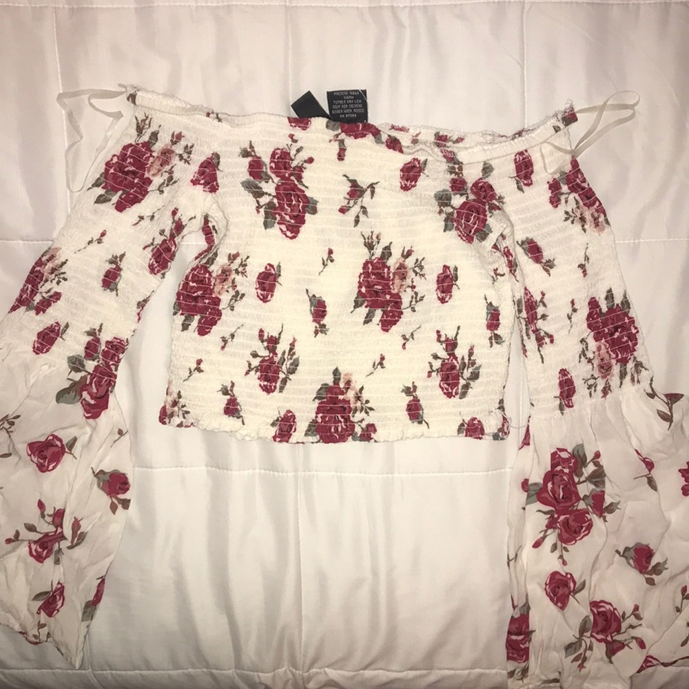 bell sleeves red floral off the shoulder crop top